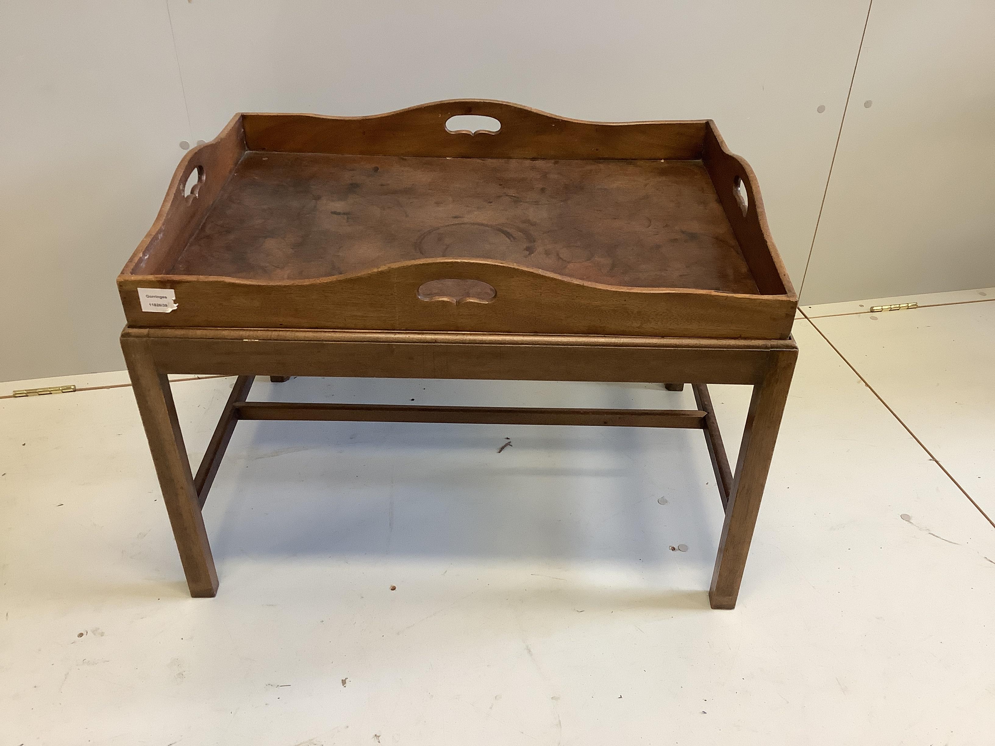 A Victorian rectangular mahogany butler’s tray on associated stand, width 79cm, depth 58cm, height 56cm